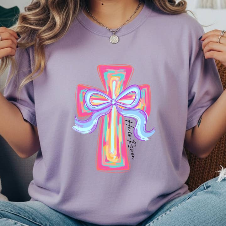He Is Risen Comfort Colors Tee – Christian Cross Graphic Shirt – Easter Faith T-Shirt – Religious Boutique Graphic Tee for wholesale by Pressed in Chaos