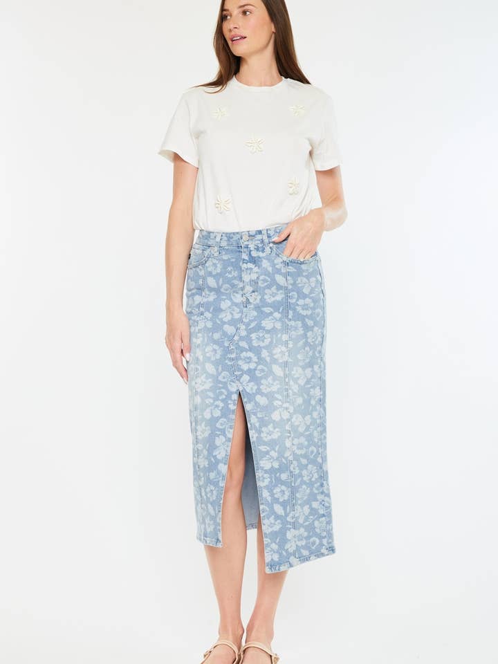 JUPE MIDI EN JEAN TAILLE HAUTE-KC7488L pour la vente par Kan Can USA