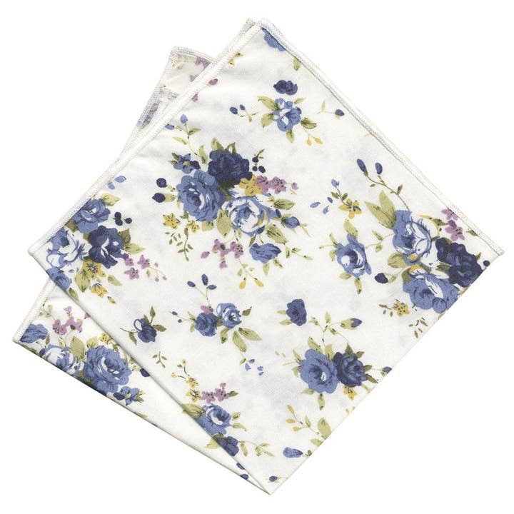 Josvil - Wholesale Handkerchief - Men's - WHITE COTTON POCKET HANDKERCHIEF BLUE FLOWERS