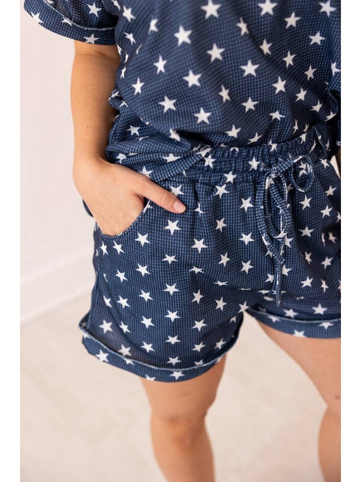 Blue Navy Stars Waffle Knit Shorts for wholesale on Faire