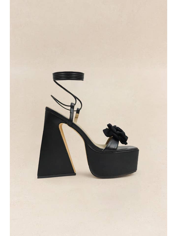Black AIMER- Sculpted Platform Heels w/ Floral Detail for wholesale on Faire6