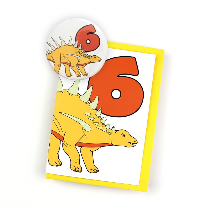 Number Six Dinosaur Greeting Card and badge for wholesale by Dinosaurs Doing Stuff