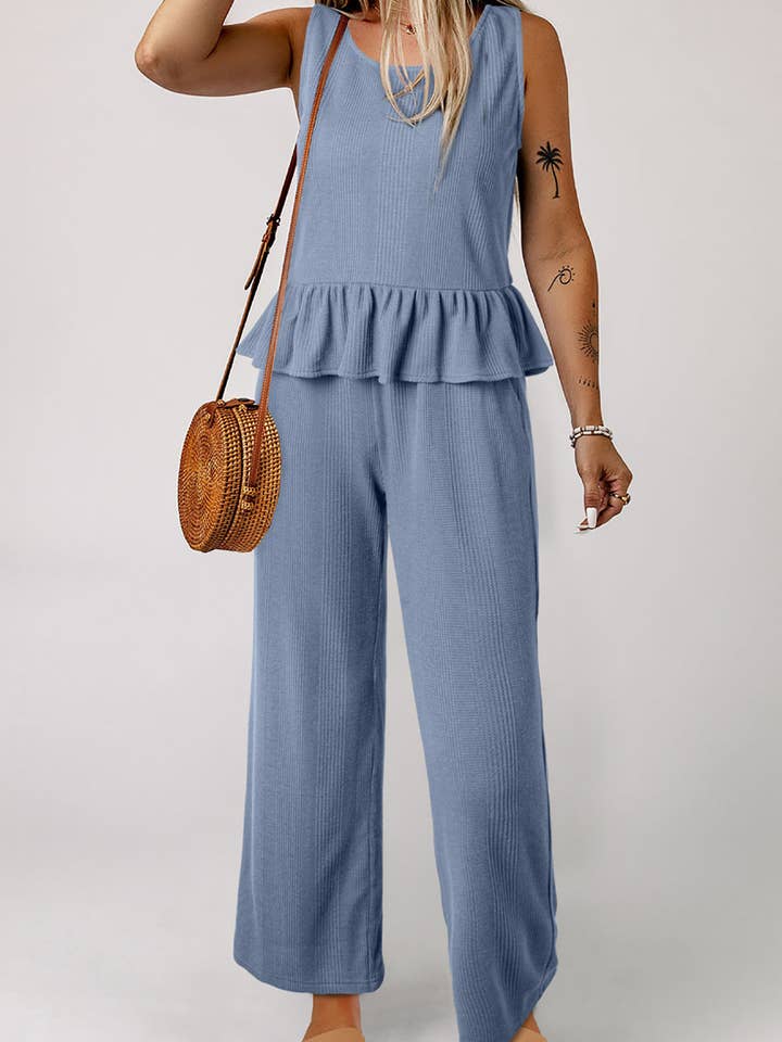 Beau Blue Solid Color Ribbed Ruffle Tank Top and Pants Set for wholesale on Faire3