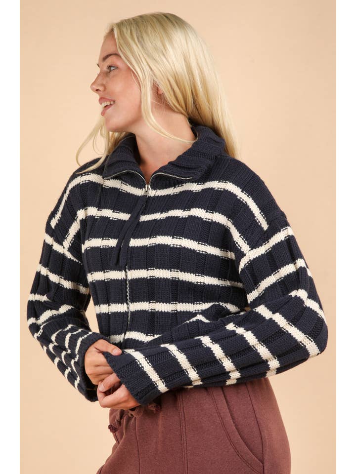 VERY J - Wholesale Cardigan - Women's - 12W3212N-Mock Neck Zipper Stripe Knit Sweater Cardigan