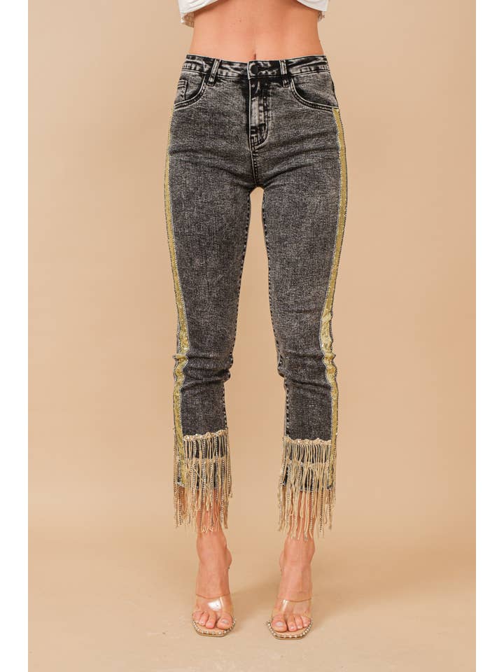 Blue B - Wholesale Jeans - Women's - 80058P - Garment Washed Side Sequin Tape Fringe Denim Jeans