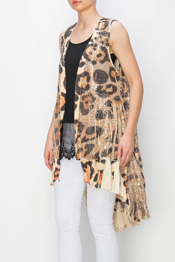Leo Glam Satin Trimmed Sequin Duster Vest-4648 GOLD-LEO for wholesale on Faire1