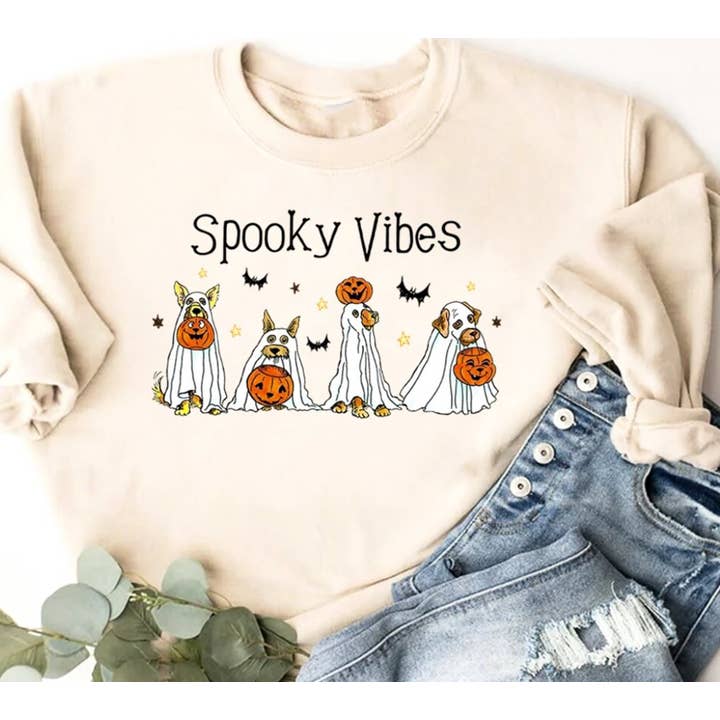 Felpa Spooky Vibes Dogs Dested Up As Ghosts Crew per la vendita all'ingrosso da parte di Peach Closet