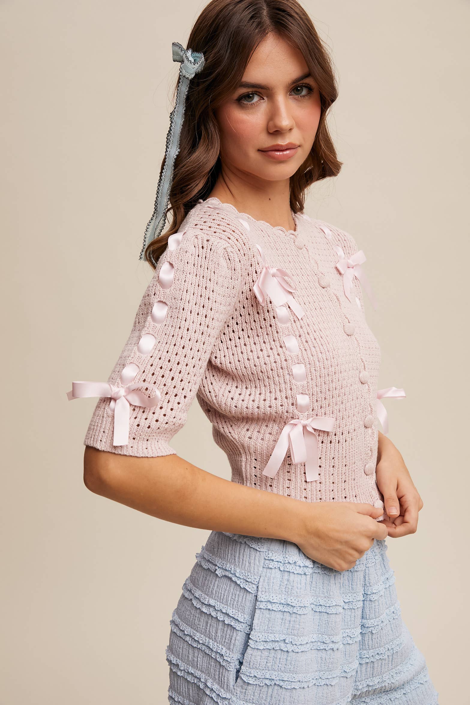 Listicle - Wholesale Cardigan - Women's - Pastel Knit Cardigan with Satin Bow Details14