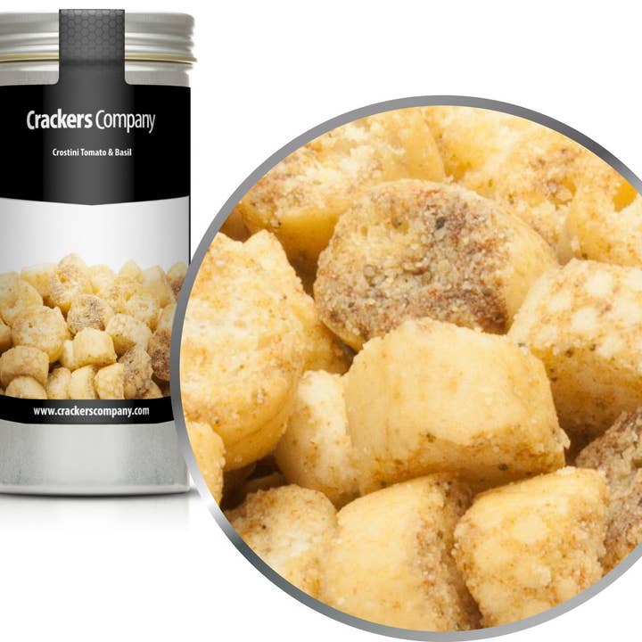 Crostini tomat & basilikum. PU med 40 stk. og 35g indhold pr pc for engroshandel hos CrackersCompany