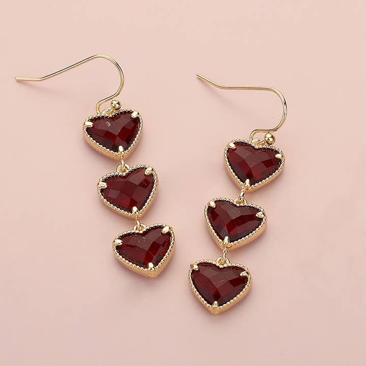 Sensibling Corp. - Wholesale Dangle Earrings - Triple Heart Stone Cluster Link Dropdown Dangle Earrings