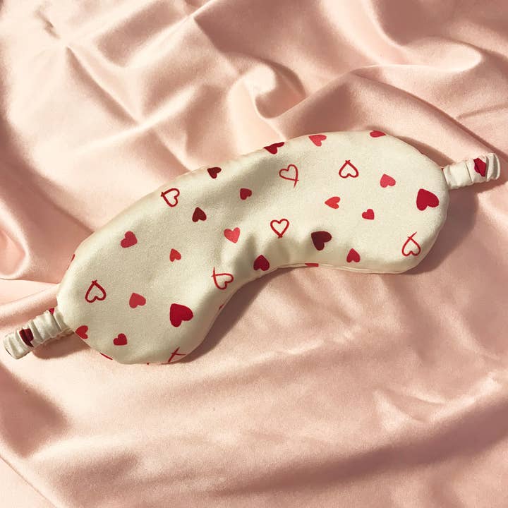 Heart Print Mulberry Silk Beth Eye Mask- Sewn in the UK for wholesale by Mille Saisons