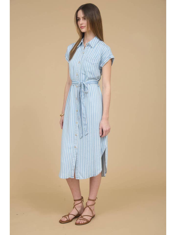 STRIPE CHAMBRAY COLLARED TIE BELT STRAP MIDI DRESS for wholesale on Faire