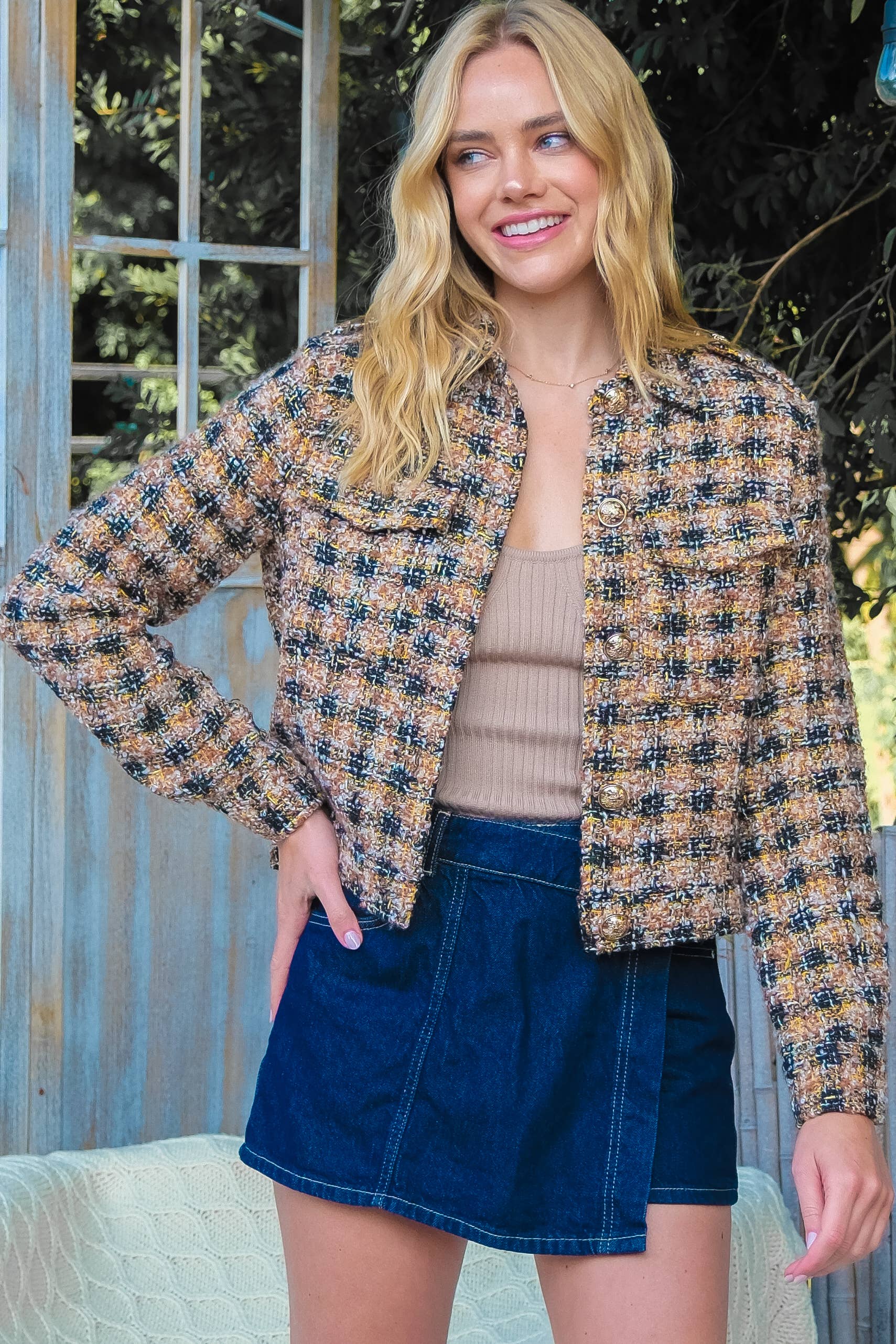 Chameau Veste en tweed à carreaux raccourcie-IJ6974 en vente sur Faire5