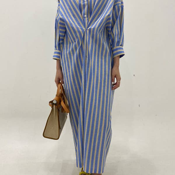 Vestido camisero holgado con botones y bolsillos plisados en contraste de colores de manga larga con solapa a rayas para venta al por mayor de Plush Looks