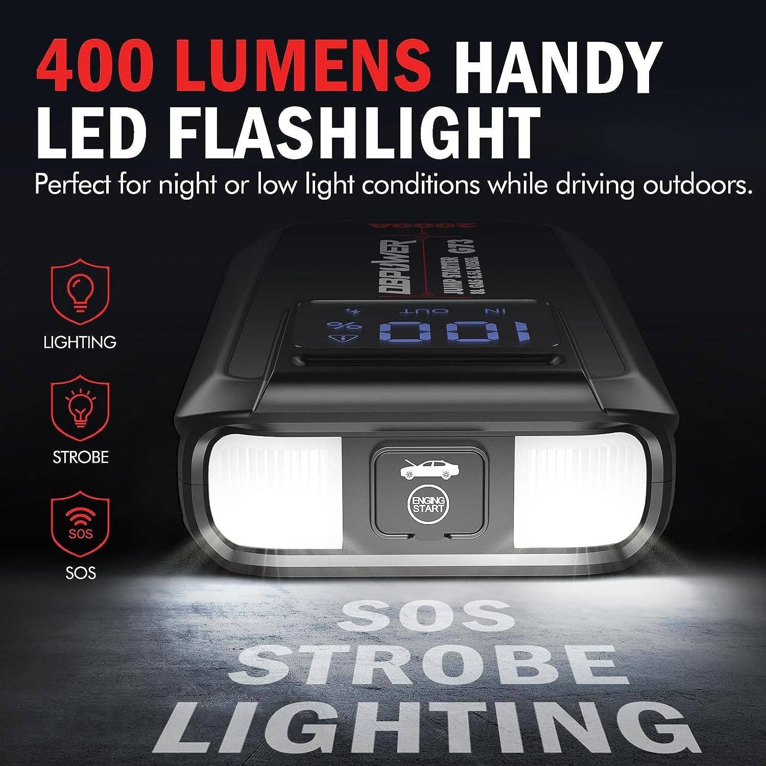 Black Jump Starter 2000A Peak Portable Car Jump Starter for Up to 8.0L Gas and 6.5L Diesel Engines for wholesale on Faire4