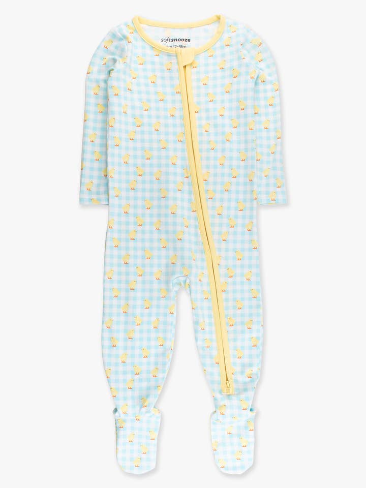 Pyjama une pièce à pieds en coton modal SoftSnooze™ motif poussin et vichy pour bébé pour la vente par RuffleButts + RuggedButts