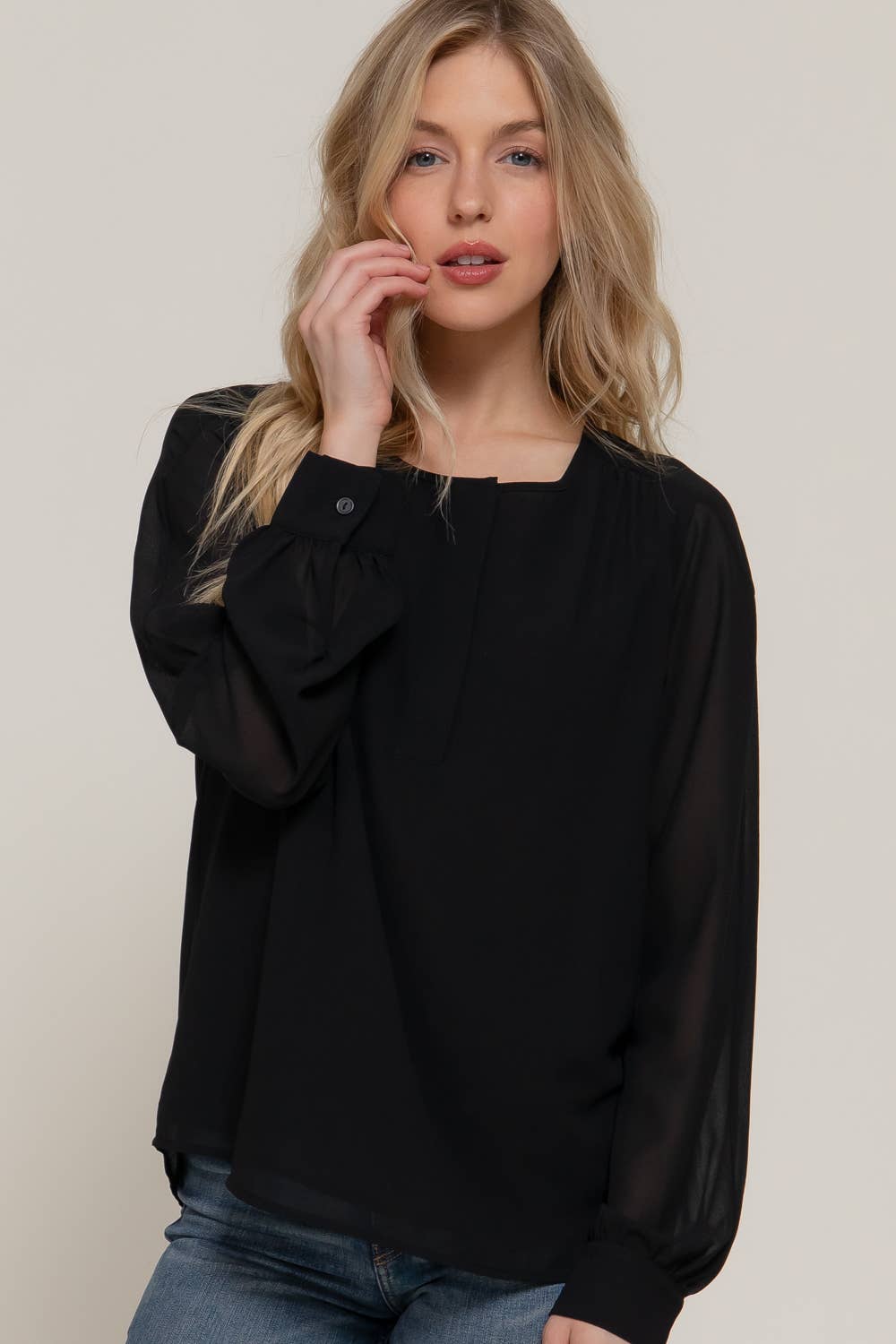 Active Basic | Active USA - Wholesale Blouse - Women's - Long Sleeve Round Neck with Hidden Placket Chiffon Blouse1