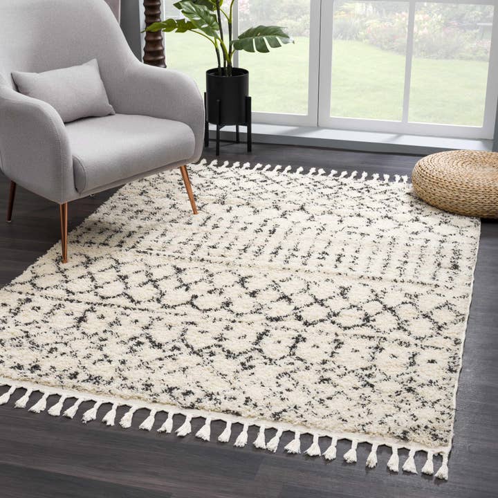 Kibureau Cream Trellis Shag Area Rug for wholesale by Hauteloom