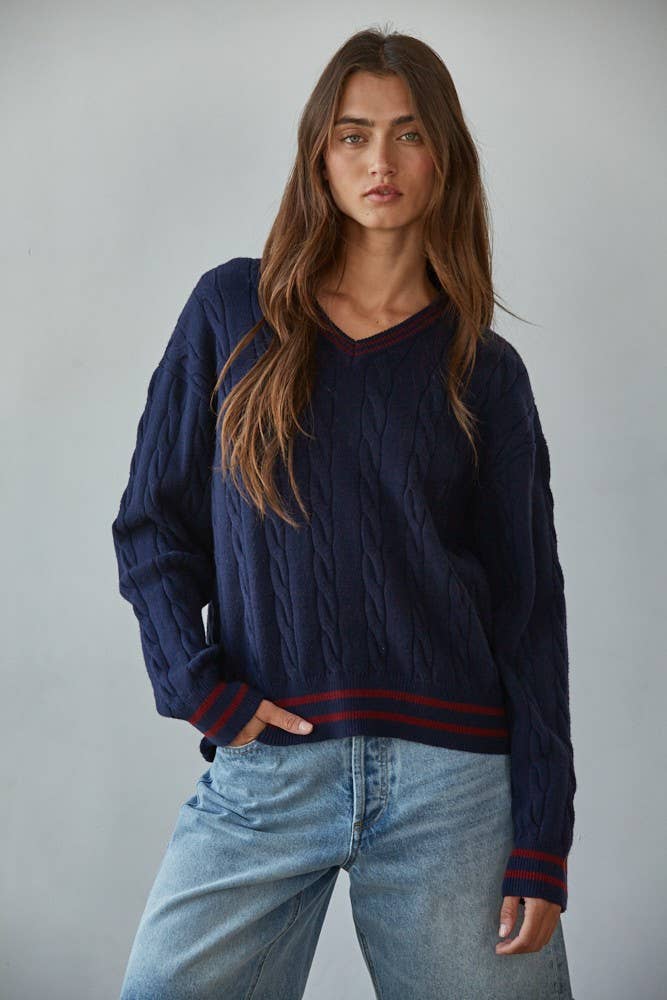 Navy W2136T2 | Knit Cable Sweater V-Neck Long Sleeve Pullover Top for wholesale on Faire2