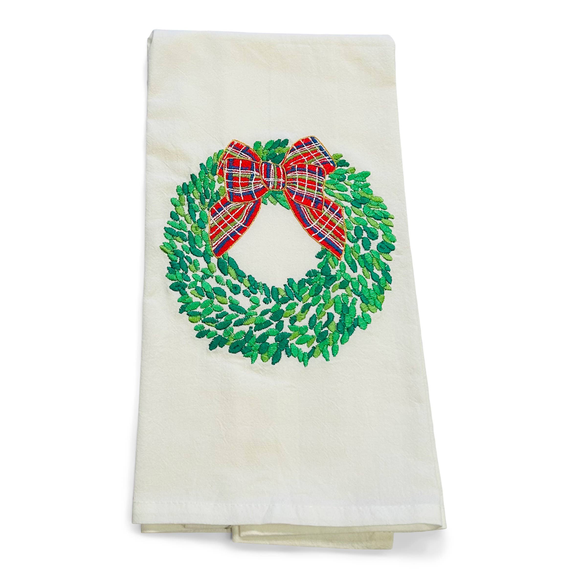 Vibrantly Blue - Wholesale Tea Towel - Towel - Boxwood Wreath with Red Bow on white0