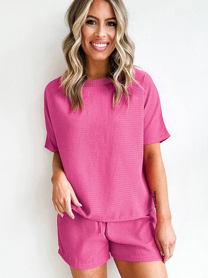 Lovesoft - Vente Ensemble de vêtements d'intérieur – femme - Ensemble t-shirt texturé décontracté et short à cordon