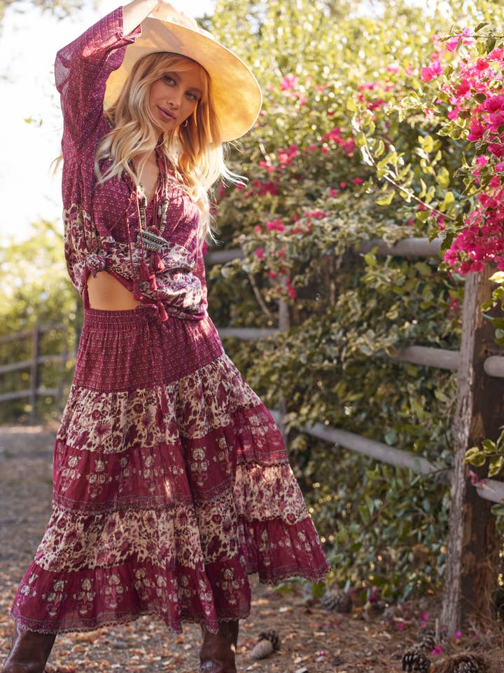 Bahiya Printed Blouse Burgundy for wholesale by Blue Boheme