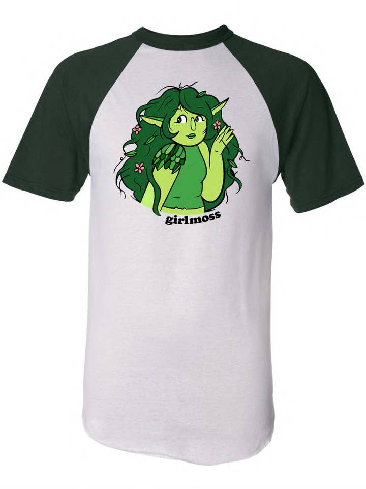 girlmoss forest green vintage style baseball short sleeve shirt in unisex. full color screen print. for wholesale by Drawings by Nicole