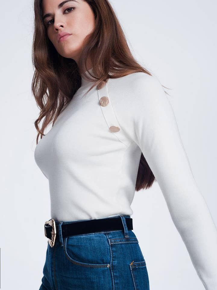 White Sweatshirt with button detail in cream for wholesale on Faire0