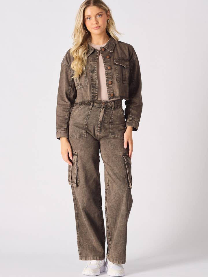 Dovie High Waisted Wide Leg Cargo Jeans - Chocolate Brown for wholesale by JMOJO UK Limited