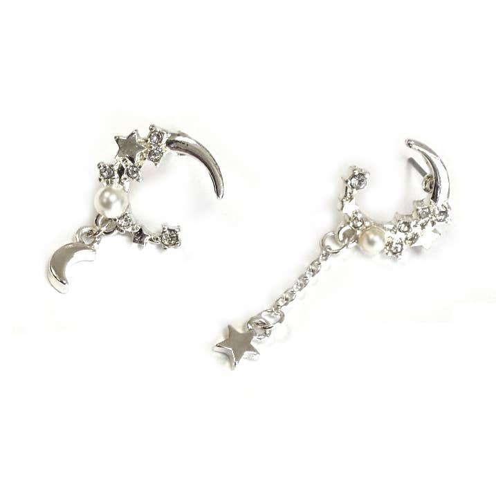 Crescent Moon & Star Mismatched Stud Dangle Earrings for wholesale by StarryNYC