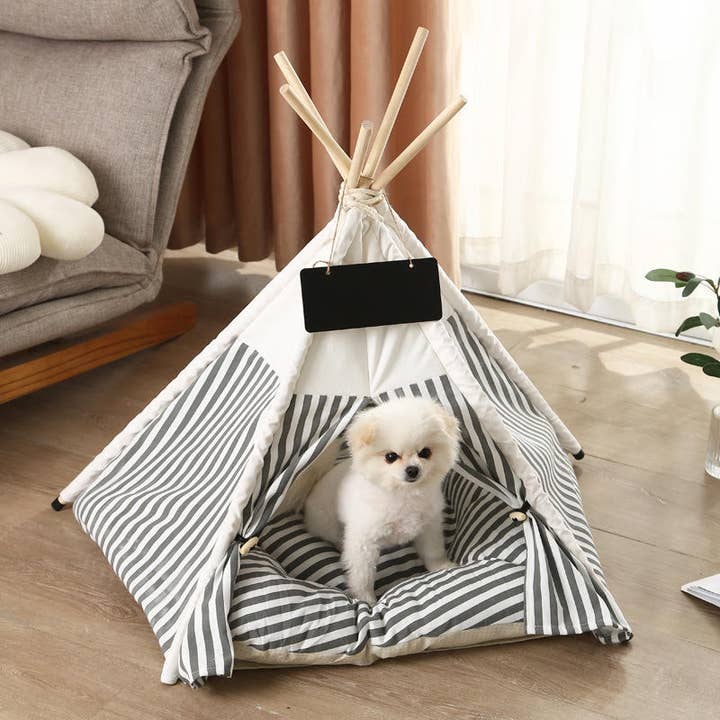 Glow Pups – wholesale Pet bed – Dog – Grey and White Striped Pet Teepee3
