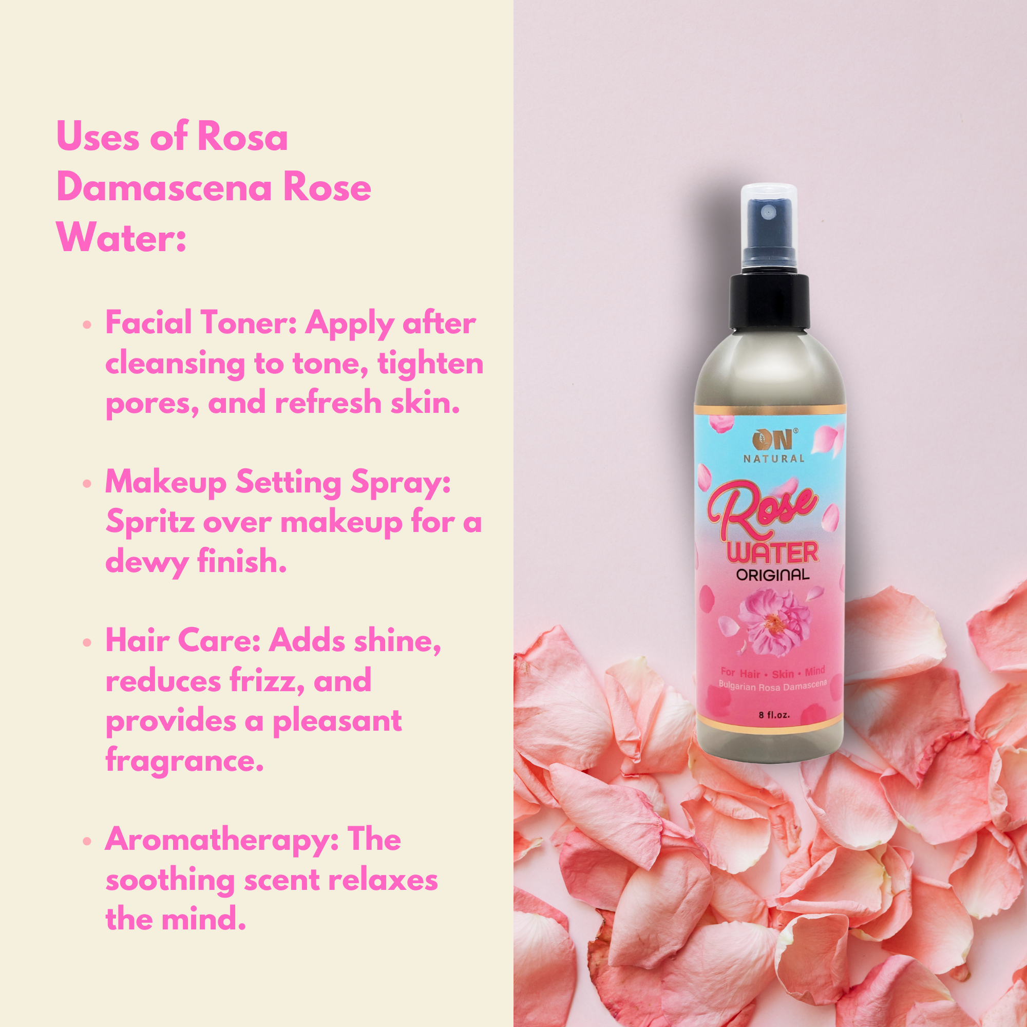ON Natural USA - Wholesale Face & Body Mist/Water - ON NATURAL - Rose Water [Original] 8oz6