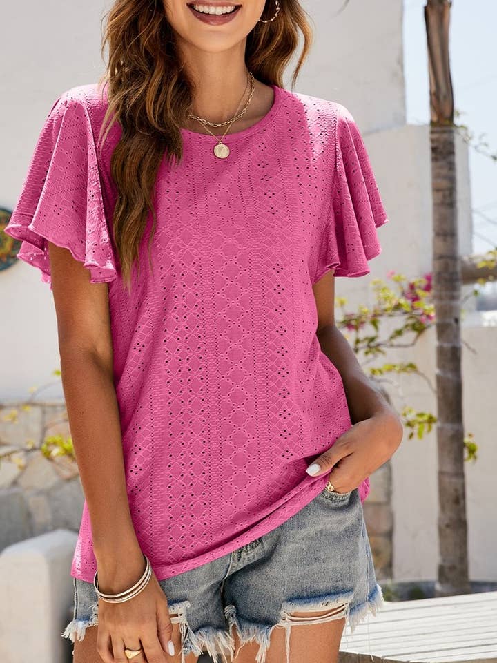 Hole T-shirt Hollowed Out Ruffle Sleeve Top for wholesale by HIDDENBRAND