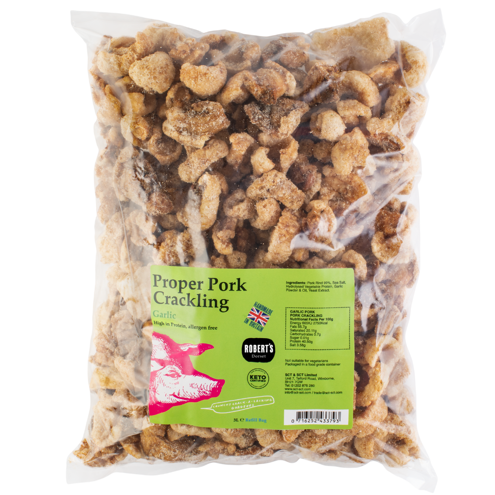 Robert’s Dorset – wholesale Puffed snack – Proper Pork Crackling 3L / 800g Refill Bag4