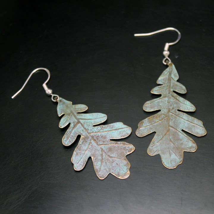 Plataica - Wholesale Dangle Earrings - Oak leaf earrings in brass and 925 silver with green patina3