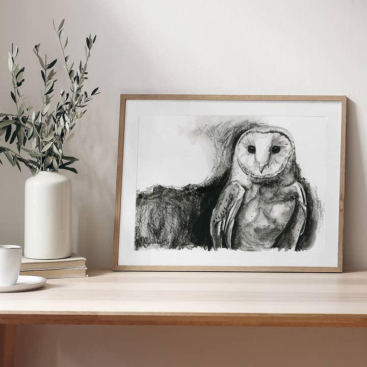 Charcoal Owl Fine Art Print for wholesale by Kasey Melissa Art