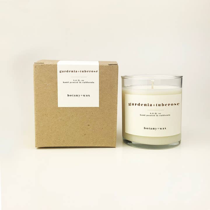 Vela de soja Gardenia + Tuberose, vaso de 10 oz. para venta al por mayor de botany+wax