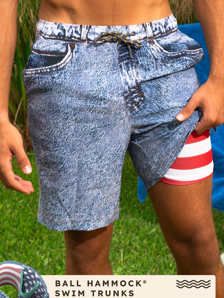 Shinesty, Inc - Wholesale Swim Bottoms - Men's - Jackson Jort | Denim USA Ball Hammock® Pouch 8" Swim Trunks