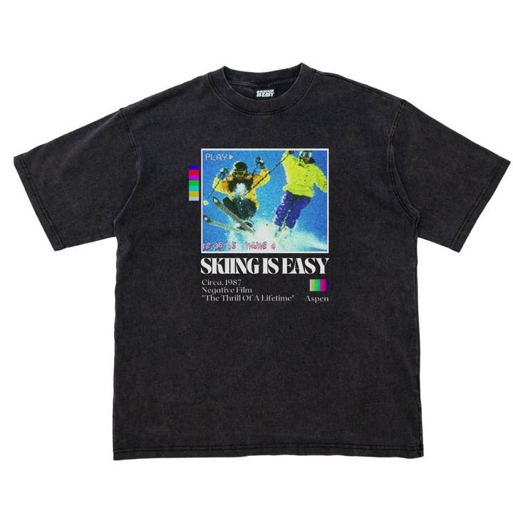 "DER NERVENKITZEL EINES LEBENS" | VINTAGE SCHWERES T-SHIRT (SCHWARZ) für den Großhandel von SKIING IS EASY