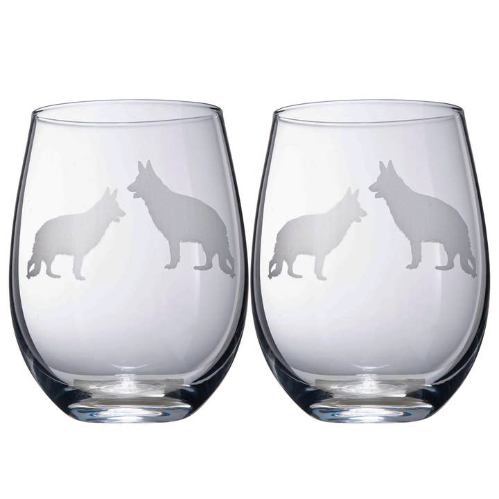 German Shepherd Stemless Wine Glasses Set of 2 for wholesale by The Wine Savant / Khen Glassware