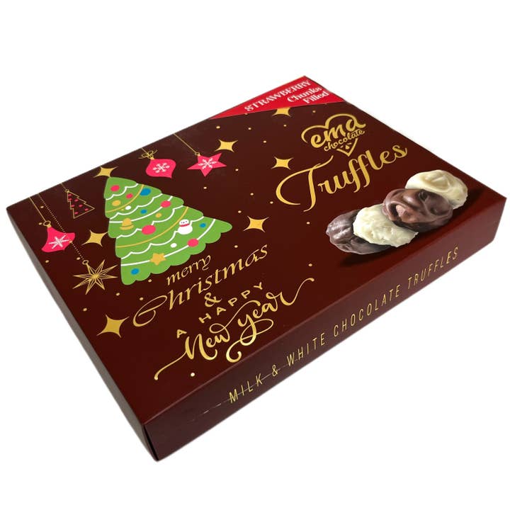 Ema Chocolate Milk and White Chocolate Truffles with Strawberry Filled- Merry Christmas Box - 250g for wholesale by Aladdin