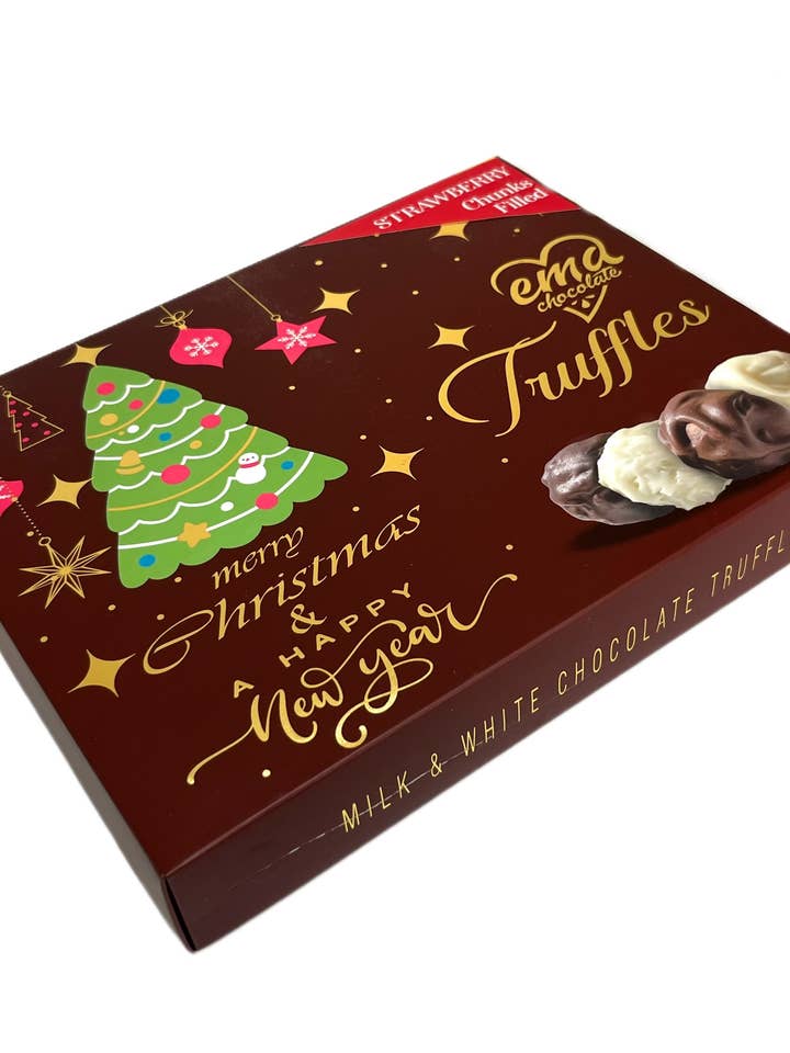 Ema Chocolate Milk and White Chocolate Truffles with Strawberry Filled- Merry Christmas Box - 250g for wholesale by Aladdin