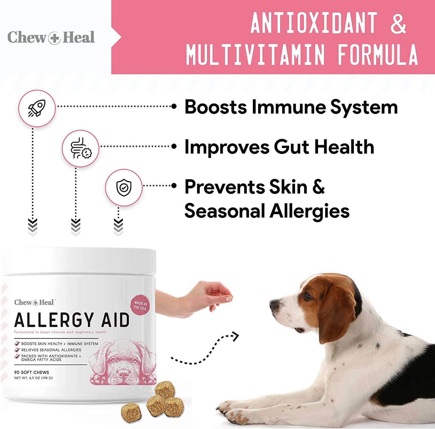 Chew + Heal – Großhandel Nahrungsergänzungsmittel für Haustiere – Hund – Allergie-Kausnacks mit Antioxidantien für Tiere3