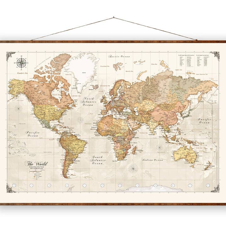 Carte du monde, actuelle, à jour, à rouler, décorative, carte du monde, épingle à pousser colorée vintage, best-seller pour la vente par Maps Vintage