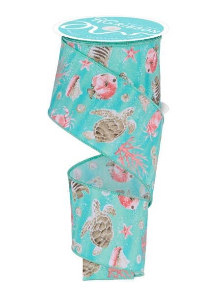 2.5"X10YD COASTAL PATTERN WITH TURTLES, FISH, STARFISH AND SHELLS - TURQUOISE, CORAL, CREAM AND SEAFOAM - RGF12524M for wholesale by General Wholesale Inc