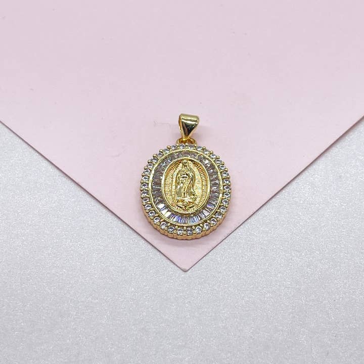 18k Gold Filled Engraved Virgin Mary Medallion with CZ for wholesale by Milie