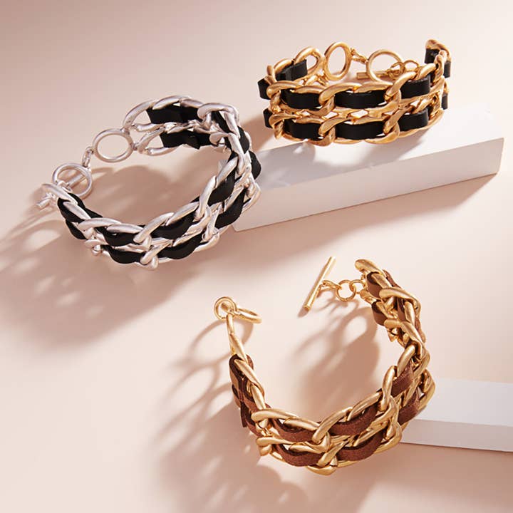 Faux Leather Braided Vintage Chain Link Toggle Bracelet for wholesale by Sensibling Corp.