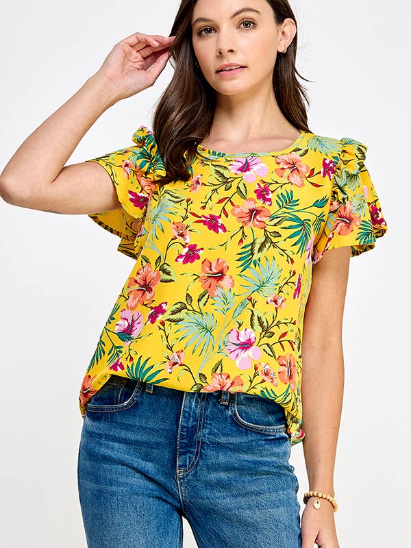 Flutter ærme med flæse vævet blomstret top for engroshandel hos Melon Fashion