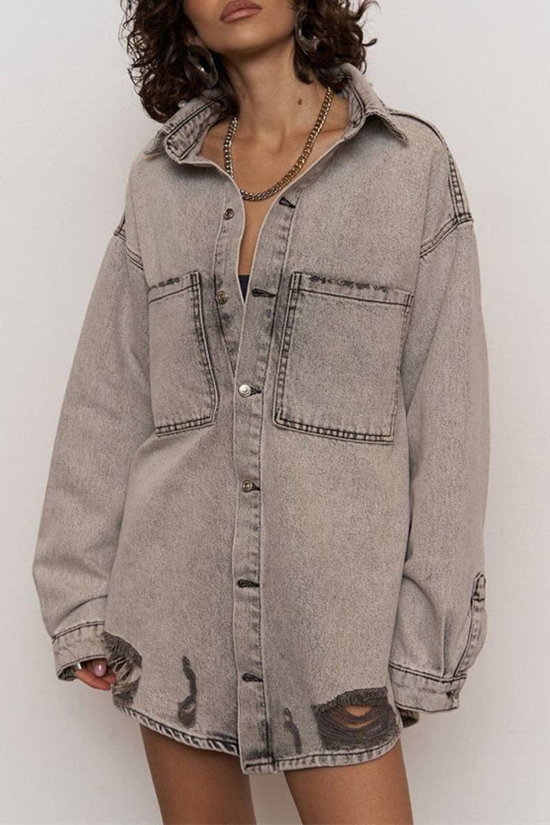 Mccolin - Wholesale Denim Jacket - Women's - Oversized Distressed Denim Jacket0
