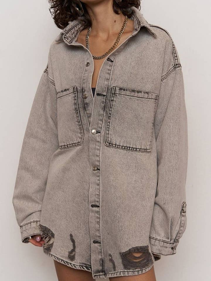 Mccolin - Wholesale Denim Jacket - Women's - Oversized Distressed Denim Jacket